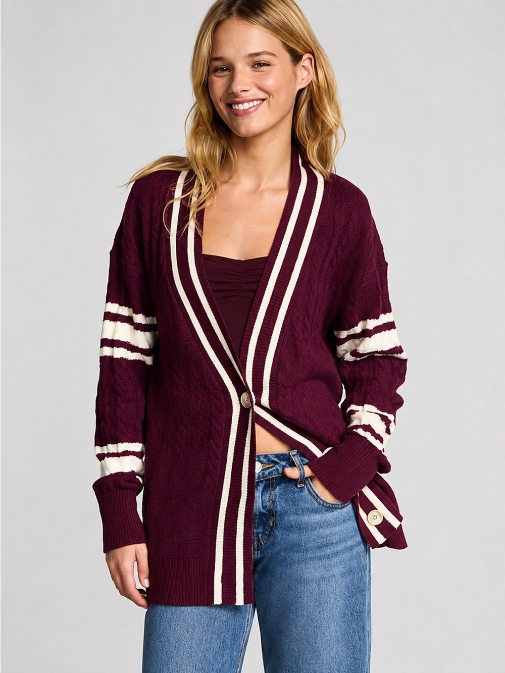 PINK Victoria’s Secret Burgundy Cable Knit Varsity Cardigan Sweater Medium NWT
